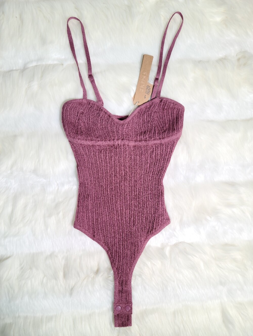 SKIMS Sheer Knit Cami Thong Bodysuit Purple Beet Women XX-Small NEW